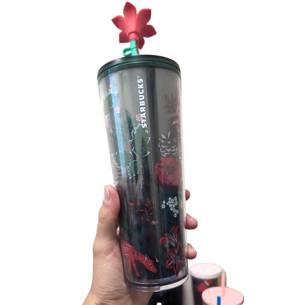 NEW Starbucks Holiday 2022 Poinsettia 24oz Cold Cup Tumbler with Flower Straw